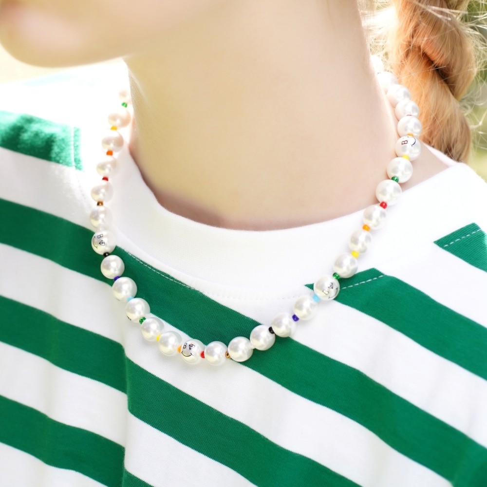 봉보 스마일 진주 레인보우 컬러 비즈 목걸이 Pearl smile color beads band Necklace