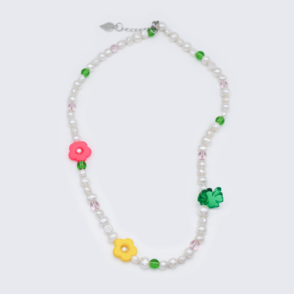 [봉보]담수 진주 플라워 클로버 참 포인트 목걸이 Water pearl flower clover Necklace