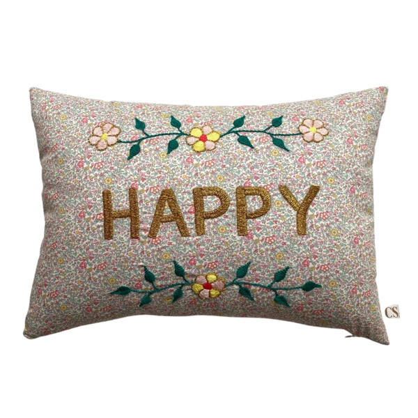 3[]Embroidered cushion HAPPY -CA00LNCUS1721HPY